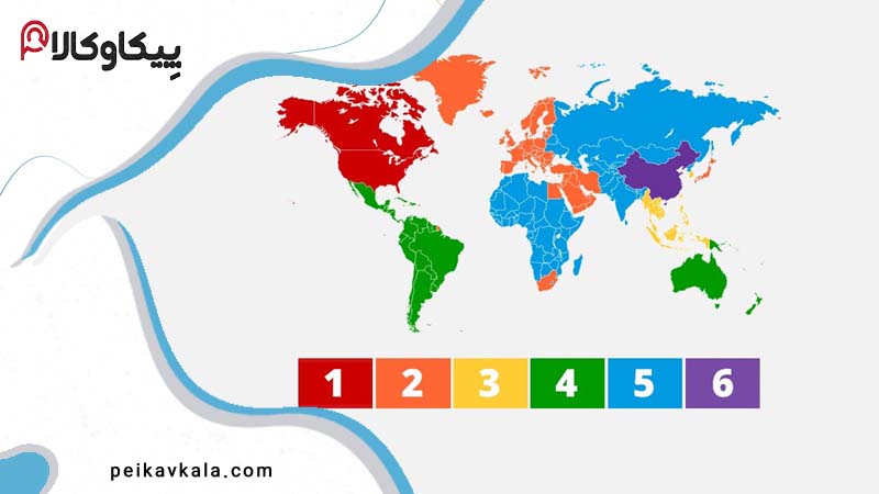 6 ریجن در پلی استیشن، با یک راهنمای رنگی در پایین تصویر که از 1 تا 6 شماره‌گذاری شده است.